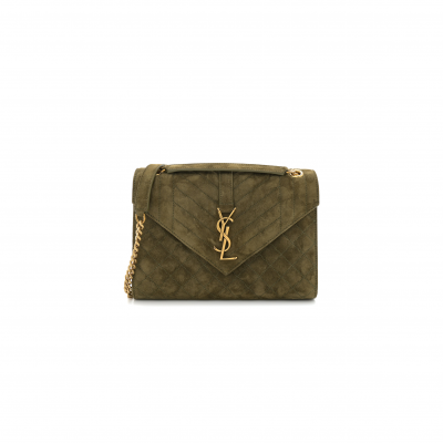 YSL ENVELOPE MEDIUM CHAIN BAG IN SUDE SHOULDER BAG GREEN 4872061546603 (24*17.5*6cm)